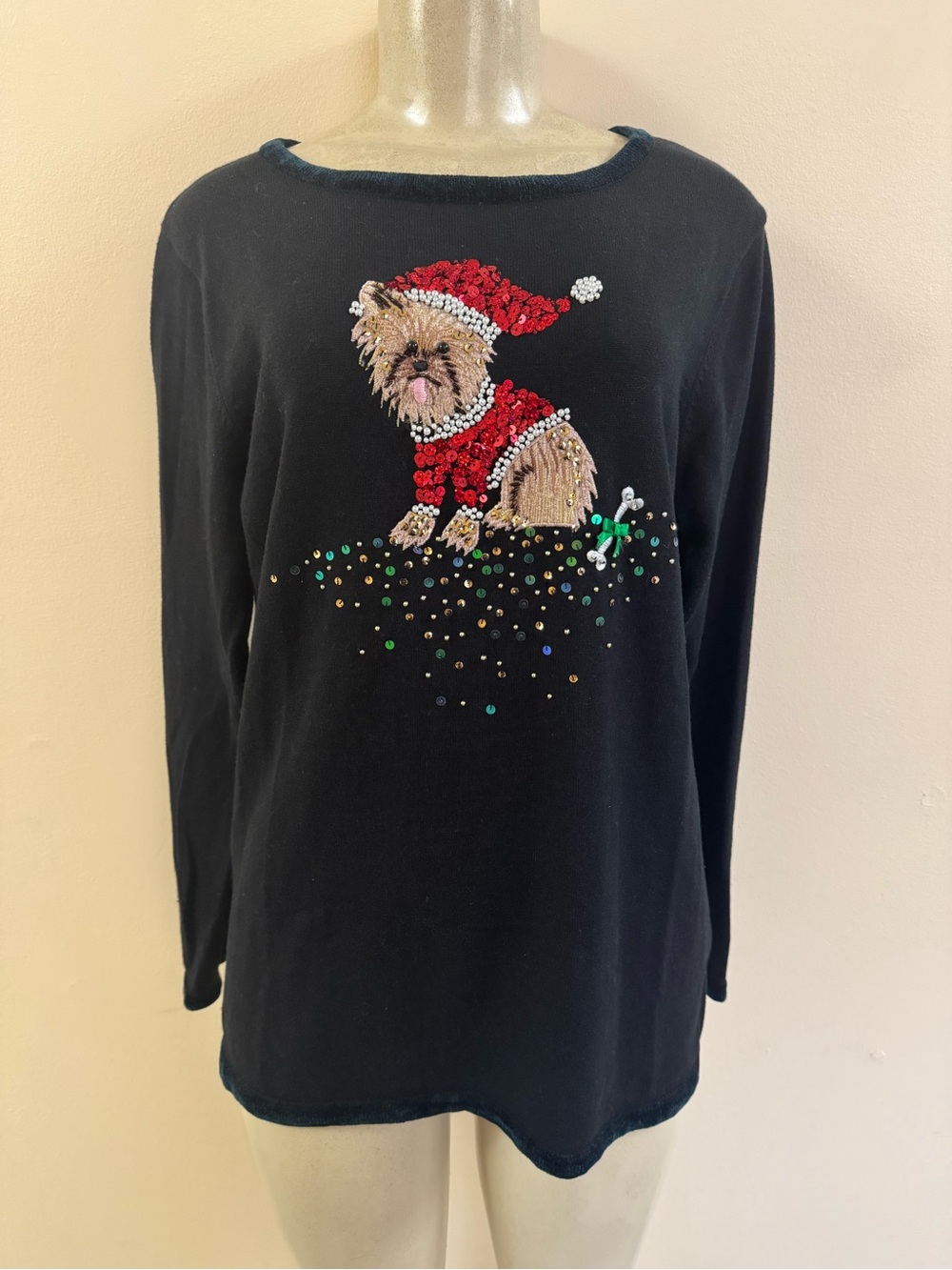 Quacker Factory Black Dog-Themed Holiday Sweatshirt with Sequin Yorkie Design Sm